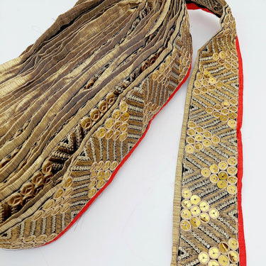 Indian Sari Trim, Black Art Silk Fabric With Gold Embroidery And Red Piping, Gold Sequins
